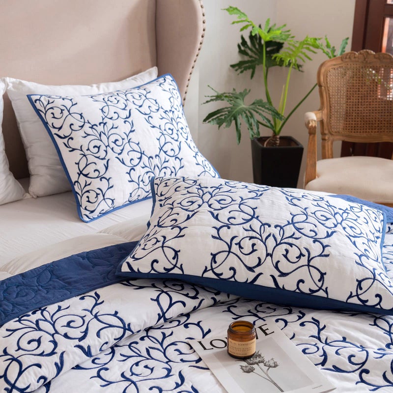 Mixinni Reversible Quilt 3-Piece Blue Embroidery Pattern Elegant Quilt Set with Embroidered Decorative Shams Soft Bedspreads & Coverlet Set - Full/Queen - Image 3
